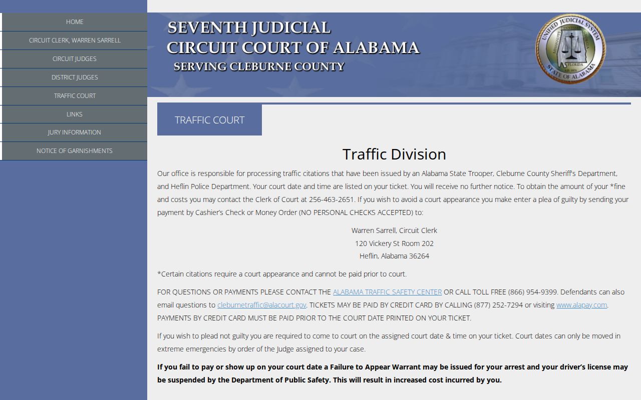 Cleburne County traffic warrant citation and payment instructions