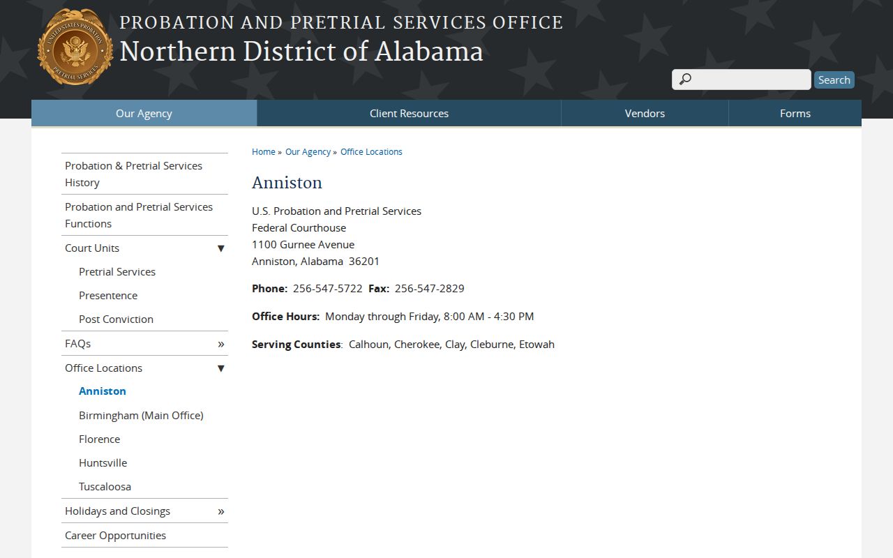 Anniston federal probation and pretrial service area for Cleburne County warrants