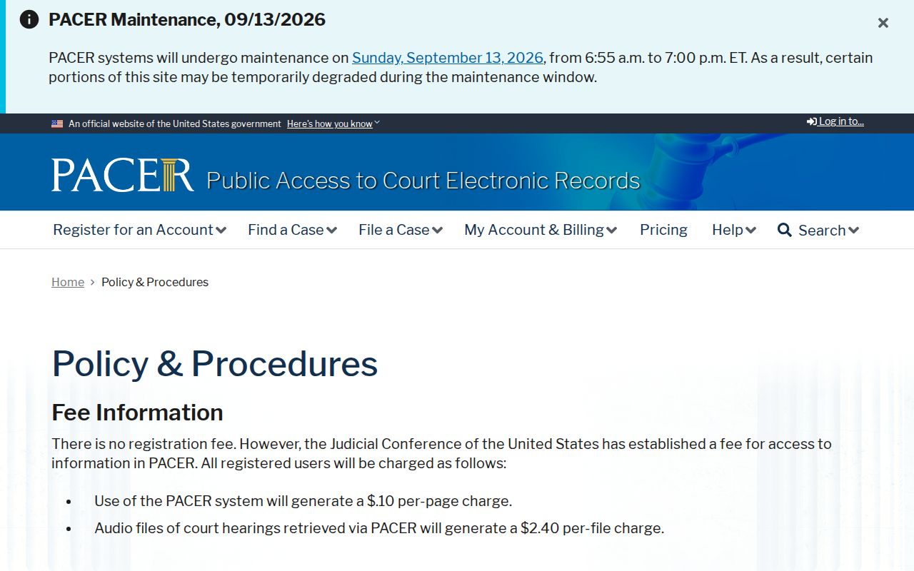 PACER fee and access policy for federal Cleburne County warrant record research